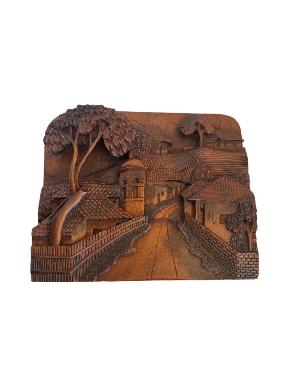 VTG Honduras 3-D Hand Carved Wood Wall Sculpture Plaque Village Scene Folk Art